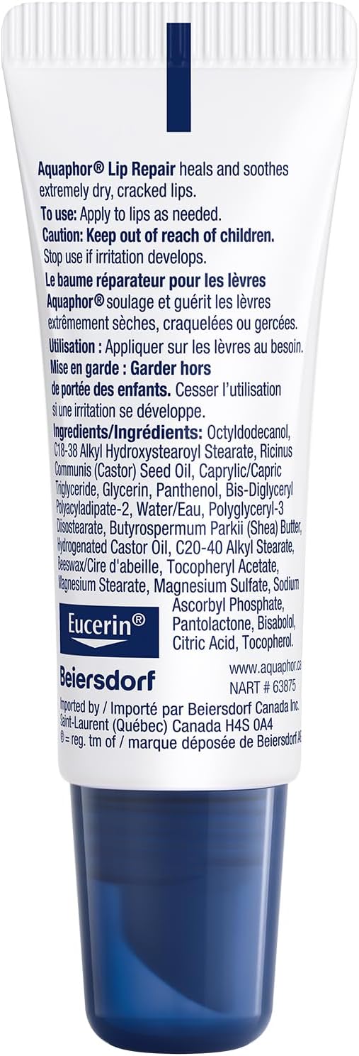 Aquaphor 唇部修复润唇膏，适用于极度干燥、皲裂和破裂的嘴唇，含有泛醇和维生素 C 和 E，无香料，不致粉刺，10 毫升
