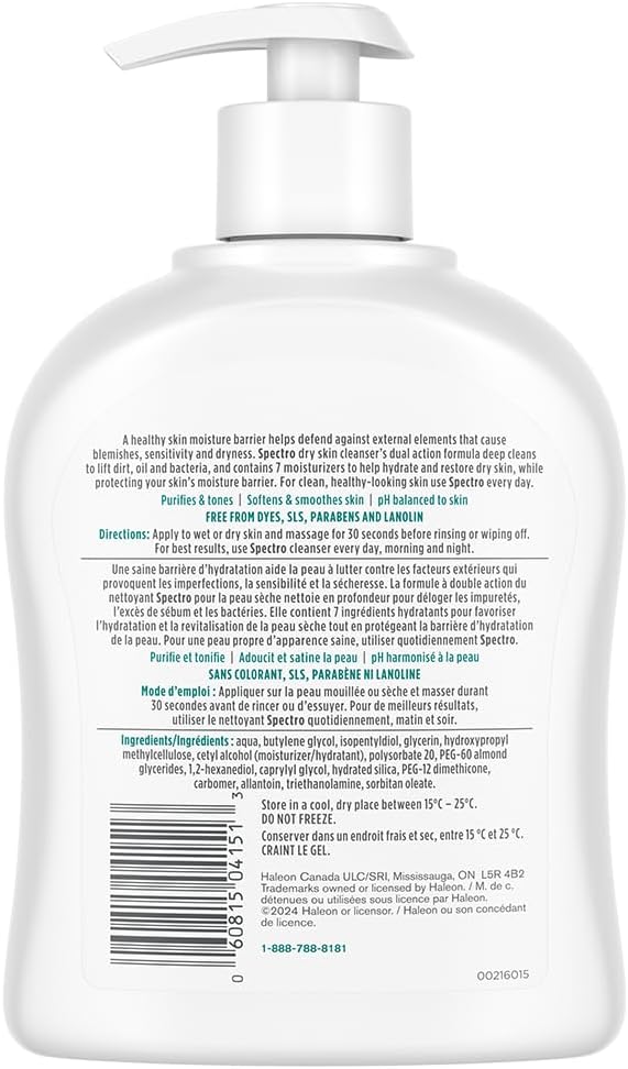 Spectro Facial Cleanser for Dry Skin, Fragrance and Dye Free Skin Care, Pump Dispenser, 500 mL