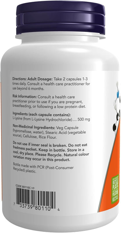 NOW Supplements, L-賴氨酸（L-賴氨酸鹽酸鹽）500毫克，氨基酸，100粒素食膠囊