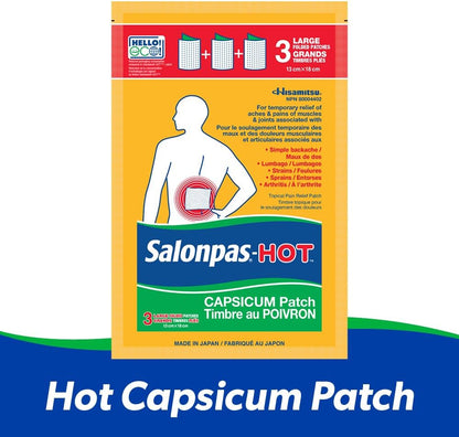 Salonpas Hot Capsicum Patch, Backache, Strains, Sprains, Arthritis, 3 Large Patches