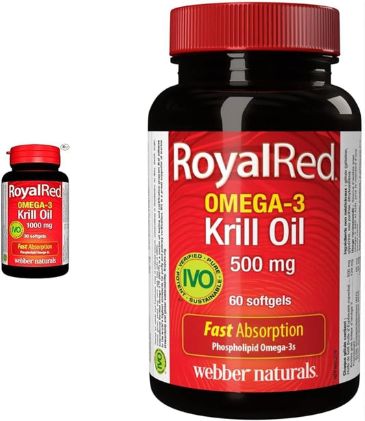 Webber Naturals RoyalRed Krill Oil 1000 mg, 30 Softgels, Supports Cardiovascular Health & RoyalRed Krill Oil 500 mg, 60 Softgels, Supports Cardiovascular Health and Brain Function, Antioxidant Support