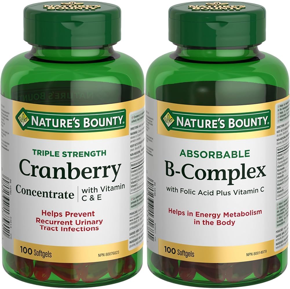 Nature's Bounty 蔓越莓丸，含维生素 C 草本保健品和 B 族复合物，含叶酸和维生素 C，有助于代谢碳水化合物，100 粒软胶囊