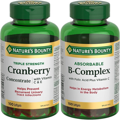 Nature's Bounty 蔓越莓丸，含维生素 C 草本保健品和 B 族复合物，含叶酸和维生素 C，有助于代谢碳水化合物，100 粒软胶囊