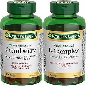 Nature's Bounty 蔓越莓丸，含维生素 C 草本保健品和 B 族复合物，含叶酸和维生素 C，有助于代谢碳水化合物，100 粒软胶囊