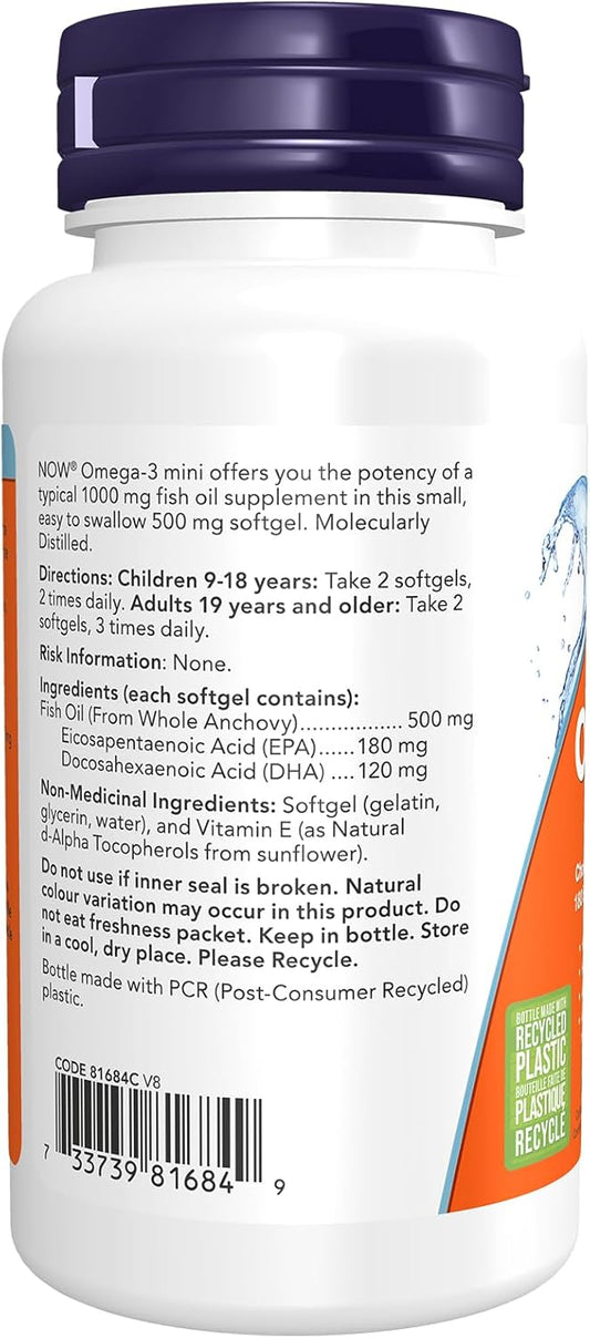 NOW Supplements, Omega-3 Mini Gels, 180 EPA / 120 DHA, Molecularly Distilled, Cardiovascular Support, 90 Softgels