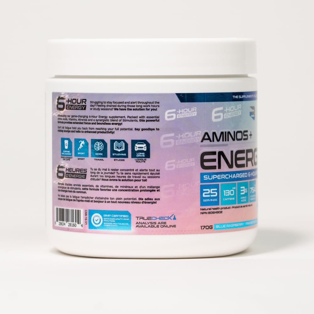 Believe Supplements - 氨基酸+能量 6-6 小时能量补充剂，含维生素、矿物质和兴奋剂 - 提升注意力和能量 - 零糖（蓝莓）