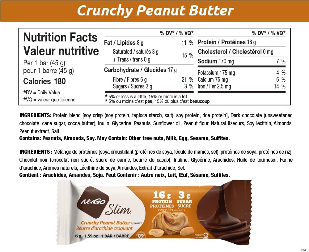 NuGo Slim 黑巧克力脆花生酱，16 克素食蛋白，3 克糖，7 克纤维，低净碳水化合物，无麸质，12 块