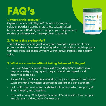 Organika 加拿大制造强化胶原蛋白粉 - 有益于头发、皮肤、指甲和关节健康。水解蛋白肽，更易吸收 - 草饲，非转基因 - 无味 - 500克