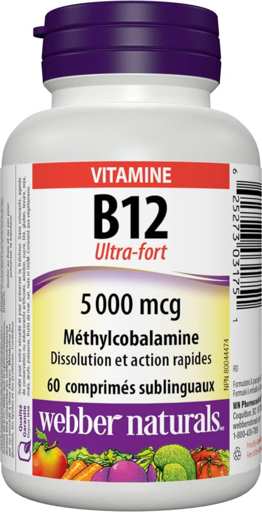 Webber Naturals Vitamin B12 5000 mcg, Extra Strength, Quick Dissolve, 60 Tablets, Supports Energy Production and Metabolism