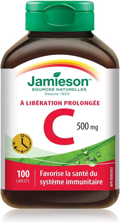 Jamieson 维生素 C 500 毫克缓释胶囊，支持免疫健康，强健牙齿和骨骼。全天缓释维生素 C，素食，无麸质，100 粒，加拿大制造