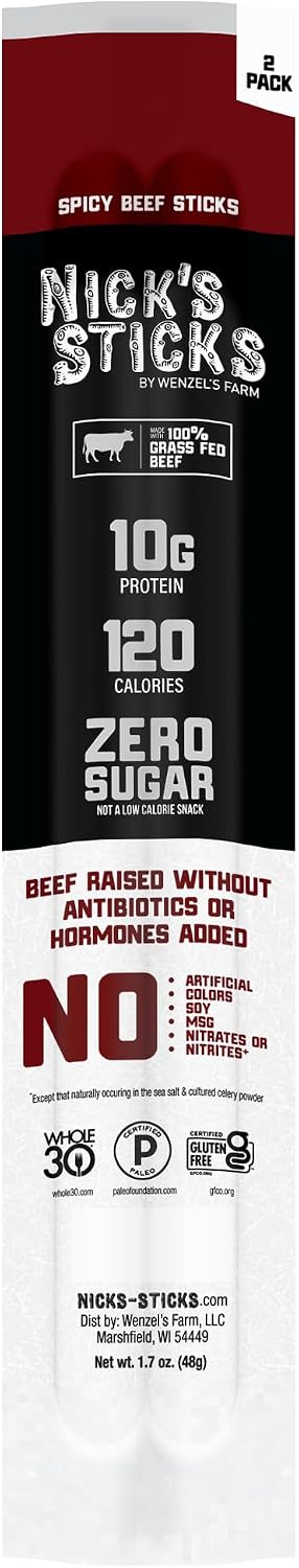 Nick's Sticks Spicy 100% Grass-Fed Beef Snack Sticks - Gluten Free - No Antibiotics or Hormones (6 Packages of 2 Sticks)