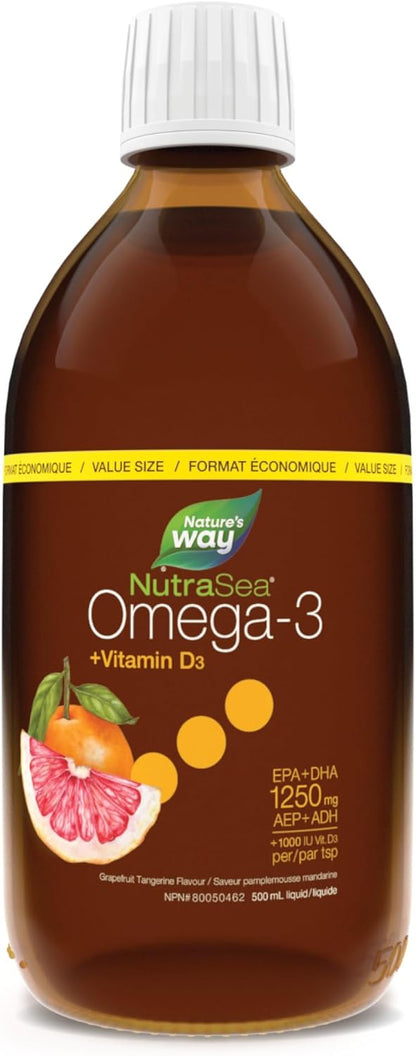 Nature's Way NutraSea Omega-3 and Vitamin D Supplement - Fish Oil with EPA and DHA – Support Healthy Heart and Brain, Help Build Strong Bones and Teeth & Help Support Immune System - Grapefruit Tangerine, 500 ml Liquid