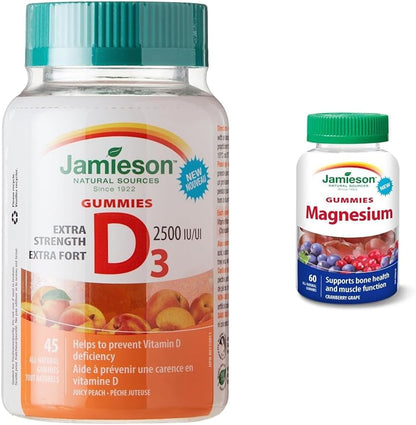 Jamieson 強效維生素 D3 軟糖和鎂軟糖 - 蔓越莓葡萄口味，60 顆（1 包）