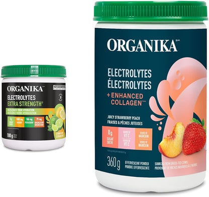 Organika Electrolytes Extra-Strength Powder- Lemon Lime- High in Sodium for Sport Recovery & Electrolytes + Enhanced Collagen- Strawberry Peach Flavour- Sugar-Free Hydration + Protein