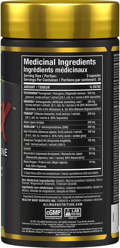 ALLMAX Nutrition TESTOFX XTREME 男性睾酮增强剂，含蒺藜、南非醉茄、东革阿里，增强力量、能量与活力，控制雌激素，90 粒胶囊（30 天用量）