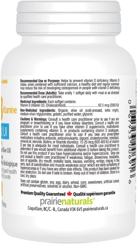 Prairie Naturals 維生素 D3 膽鈣化醇 2,500 IU 有機特級初榨橄欖油軟膠囊 - 180 粒