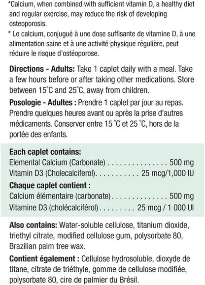 Jamieson 钙片 500 毫克，含 1,000 国际单位维生素 D3，高吸收率，支持骨骼健康，有助于预防骨质疏松症和骨质流失。易于吞咽，素食，非转基因，无麸质，90 粒胶囊，加拿大制造