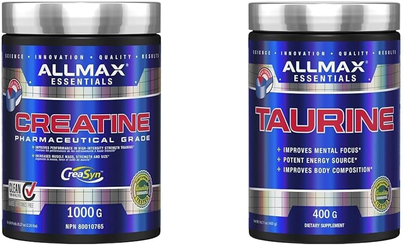 ALLLMAX 肌酸 1000 克，1000 克 & 100% 医药级最大强度 + 吸收牛磺酸，400 克