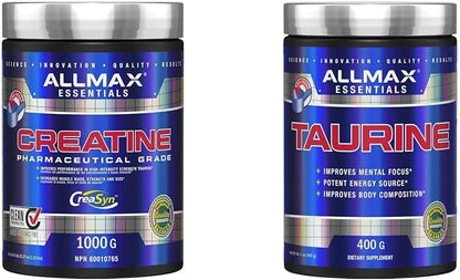 ALLLMAX 肌酸 1000 克，1000 克 & 100% 医药级最大强度 + 吸收牛磺酸，400 克