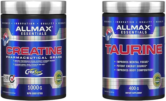 ALLLMAX 肌酸 1000 克，1000 克 & 100% 医药级最大强度 + 吸收牛磺酸，400 克