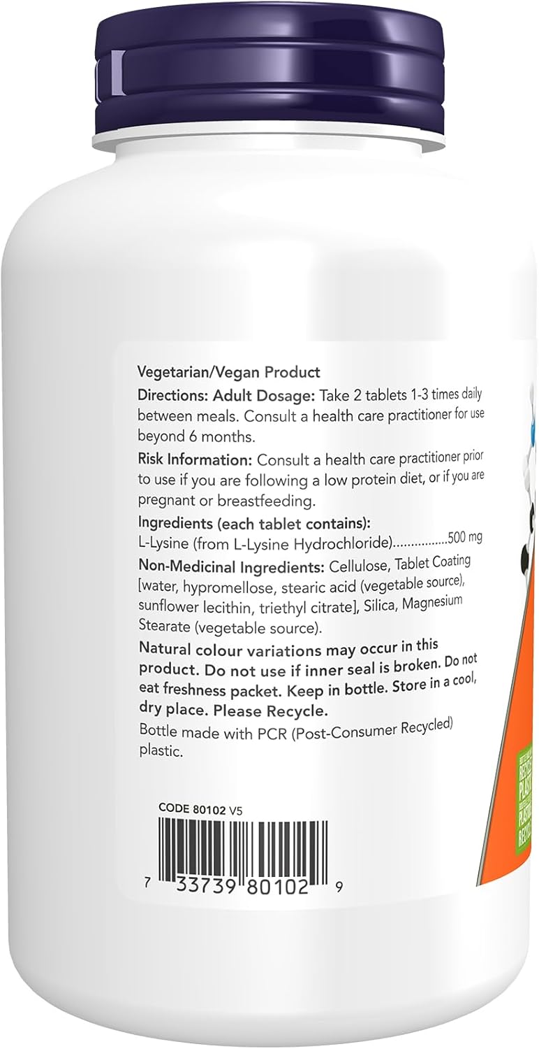 NOW Supplements, L-賴氨酸（L-賴氨酸鹽酸鹽）500毫克片劑，胺基酸，250片