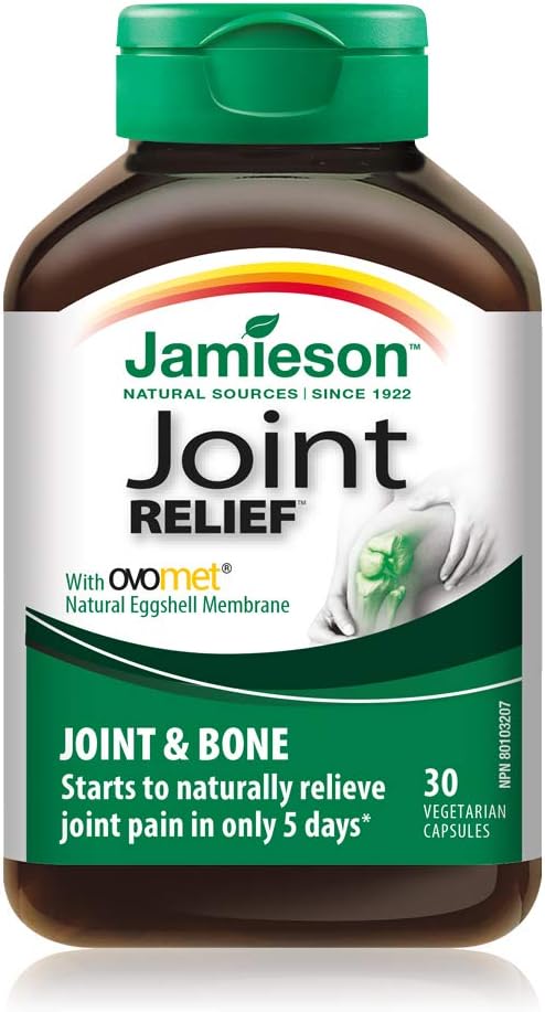 Jamieson 关节舒缓胶囊，天然蛋壳膜，经临床研究成分，含维生素 D。支持骨骼健康、僵硬，并在 5 天内缓解关节疼痛，非转基因，无麸质，30 粒，加拿大制造