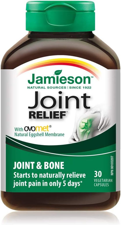 Jamieson 关节舒缓胶囊，天然蛋壳膜，经临床研究成分，含维生素 D。支持骨骼健康、僵硬，并在 5 天内缓解关节疼痛，非转基因，无麸质，30 粒，加拿大制造