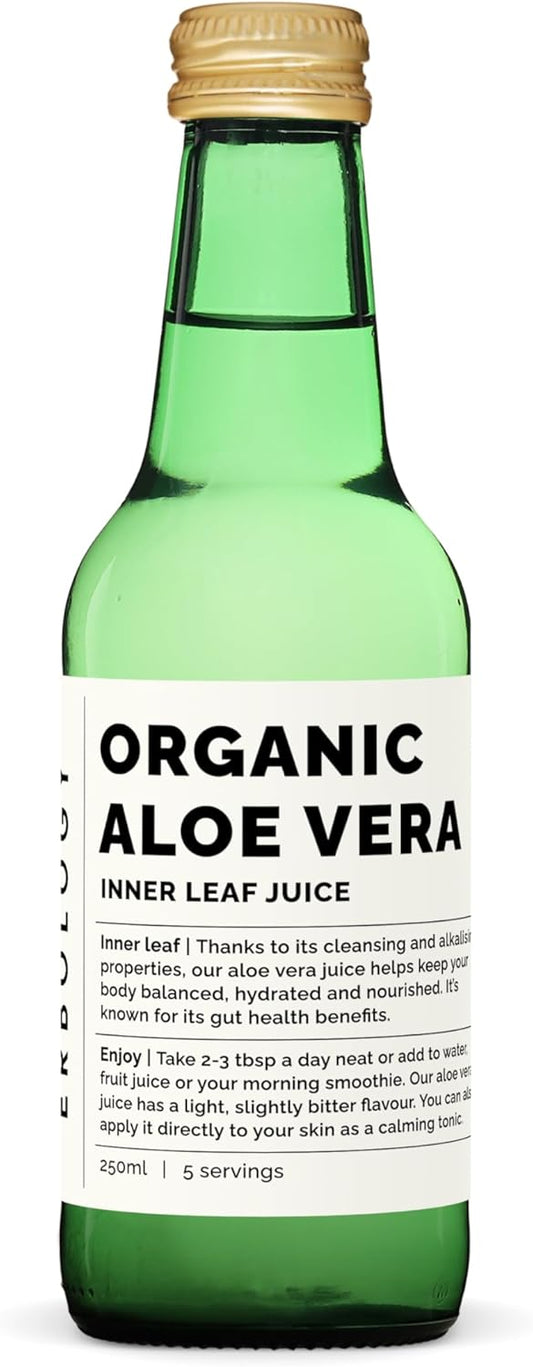 100% 有機蘆薈汁 250 毫升 - 支持免疫力和腸道健康 - 西班牙農場直供 - 未稀釋 - 不添加糖或人工防腐劑 - 非基因改造 - 可回收玻璃瓶