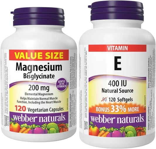 Webber Naturals Magnesium Bisglycinate 200 mg, 120 Capsules, Supports Bone and Muscle Functions, Vegan & Vitamin E 400 IU, 120 Softgels, Natural Source of Vitamin E, Antioxidant Support