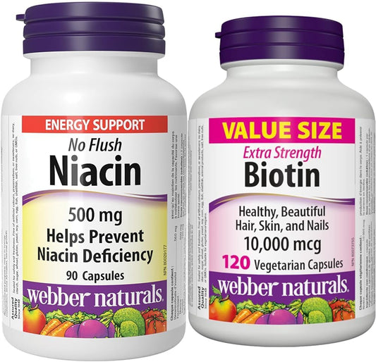 Webber Naturals Niacin 500 mg, 90 Capsules, No Flush, Vitamin B3 Supplemen & Biotin 10,000 mcg Extra Strength, 120 Capsules, Supports Healthy Hair, Skin & Nails, Energy Metabolism, Vegan