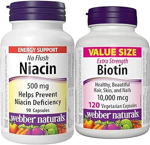 Webber Naturals Niacin 500 mg, 90 Capsules, No Flush, Vitamin B3 Supplemen & Biotin 10,000 mcg Extra Strength, 120 Capsules, Supports Healthy Hair, Skin & Nails, Energy Metabolism, Vegan