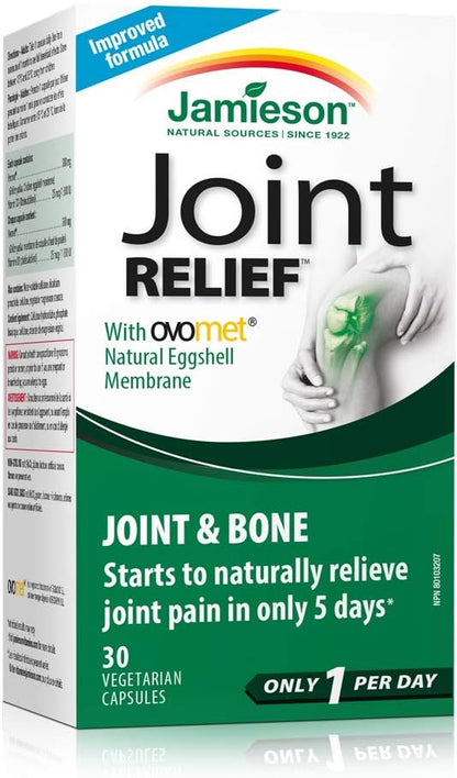 Jamieson 关节舒缓胶囊，天然蛋壳膜，经临床研究成分，含维生素 D。支持骨骼健康、僵硬，并在 5 天内缓解关节疼痛，非转基因，无麸质，30 粒，加拿大制造
