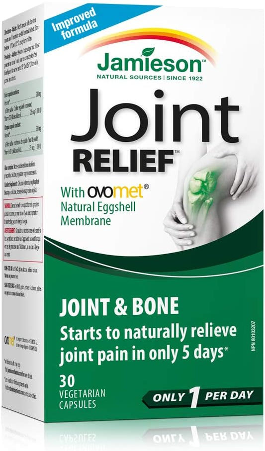 Jamieson 关节舒缓胶囊，天然蛋壳膜，经临床研究成分，含维生素 D。支持骨骼健康、僵硬，并在 5 天内缓解关节疼痛，非转基因，无麸质，30 粒，加拿大制造