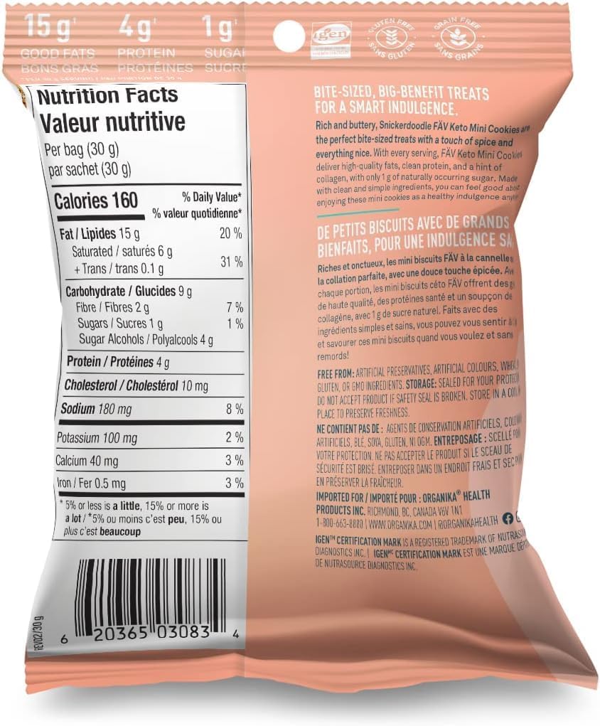 Organika Fav Keto 迷你饼干 - 肉桂糖饼干 - 健康、低碳水化合物、无负担零食 | 胶原蛋白 + 4 克蛋白质，生酮友好，无麸质，30 克 x 12 袋