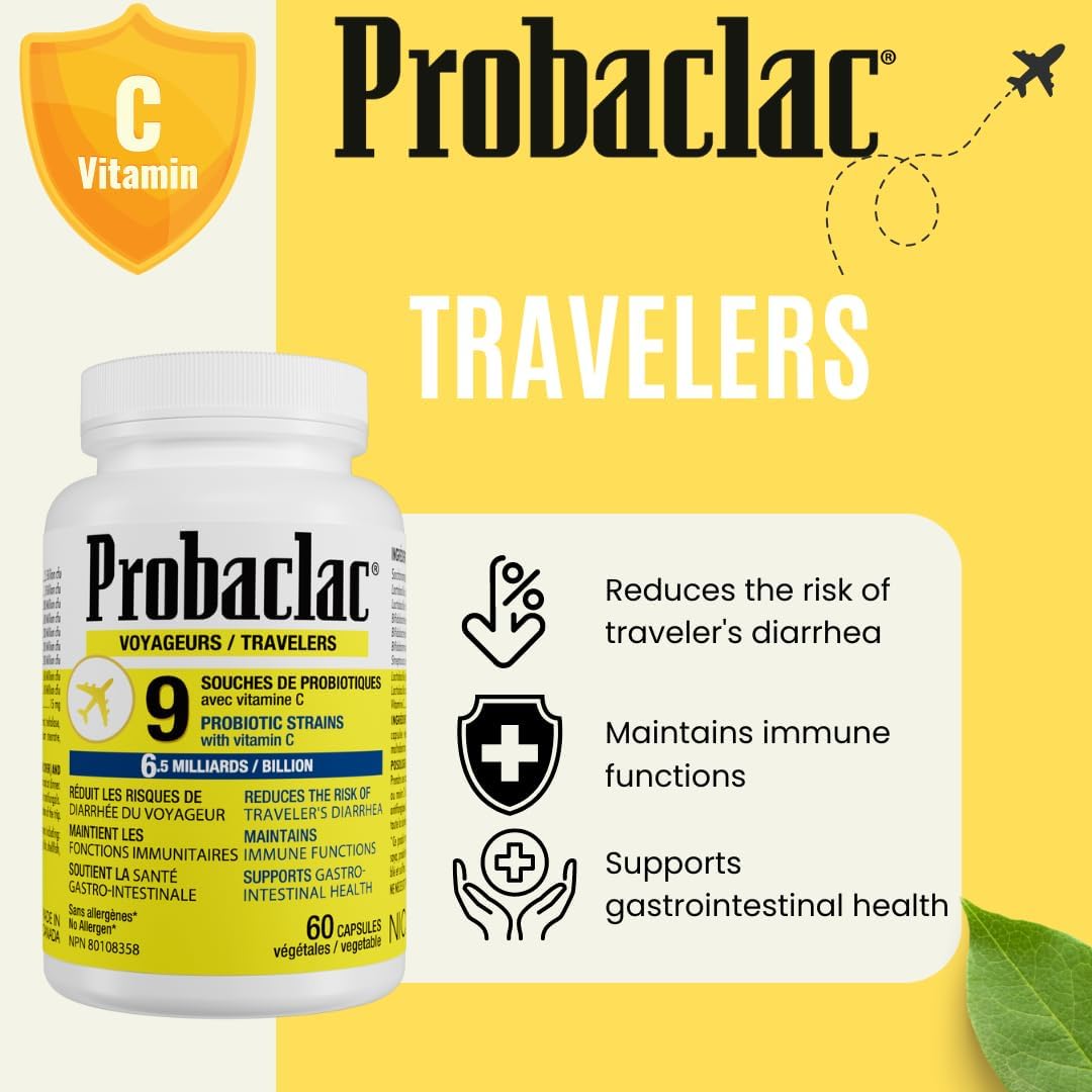 Probaclac Travelers 益生菌可降低旅客腹瀉的風險，維持免疫功能，並有助於維護胃腸道健康。含有 65 億活性細胞（9 種菌株）（60 粒）
