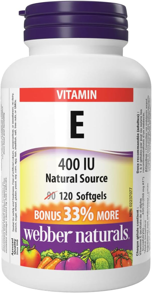 Webber Naturals Vitamin E 400 IU, 120 Softgels, Natural Source of Vitamin E, Antioxidant Support