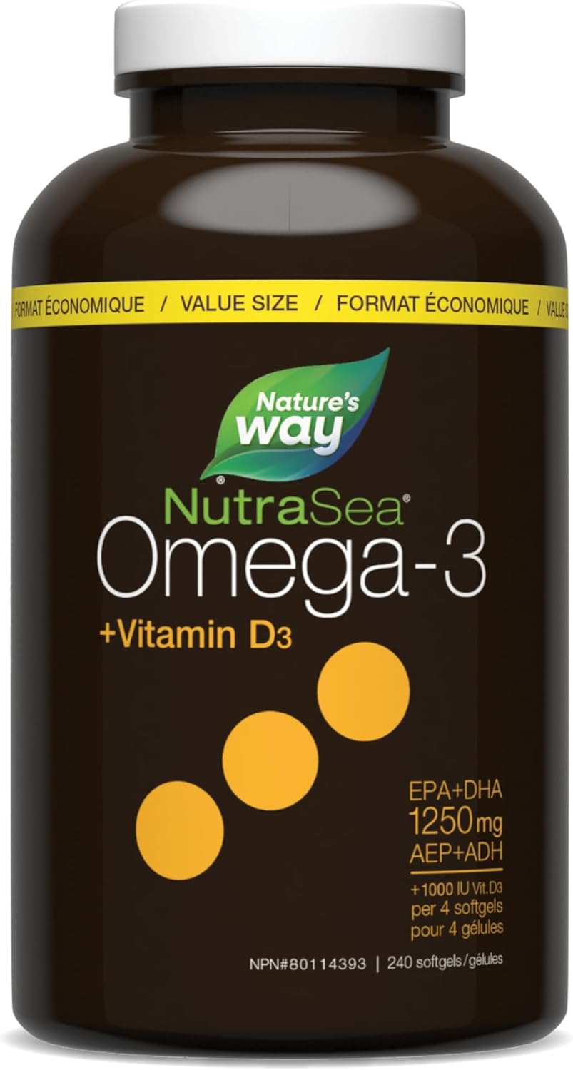 Nature's Way NutraSea Omega 3 + 維生素 D 軟膠囊，含魚油補充劑 - 檸檬味 - 為成人和 6 歲以上兒童提供心臟、大腦、骨骼和免疫支持 - EPA 和 DHA + 1000IU D3，240 粒軟膠囊