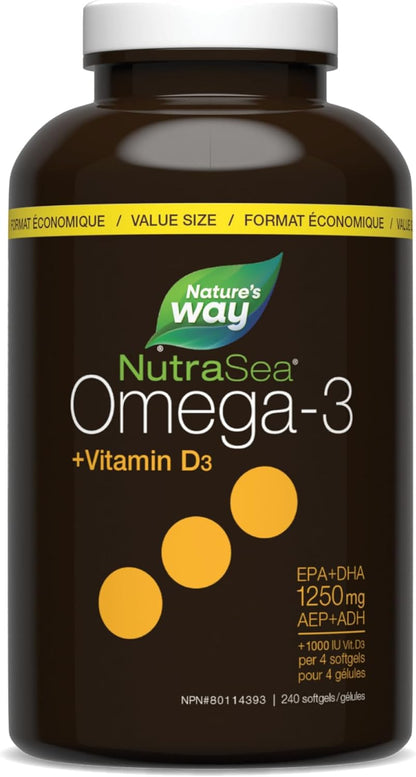 Nature's Way NutraSea Omega 3 + 維生素 D 軟膠囊，含魚油補充劑 - 檸檬味 - 為成人和 6 歲以上兒童提供心臟、大腦、骨骼和免疫支持 - EPA 和 DHA + 1000IU D3，240 粒軟膠囊