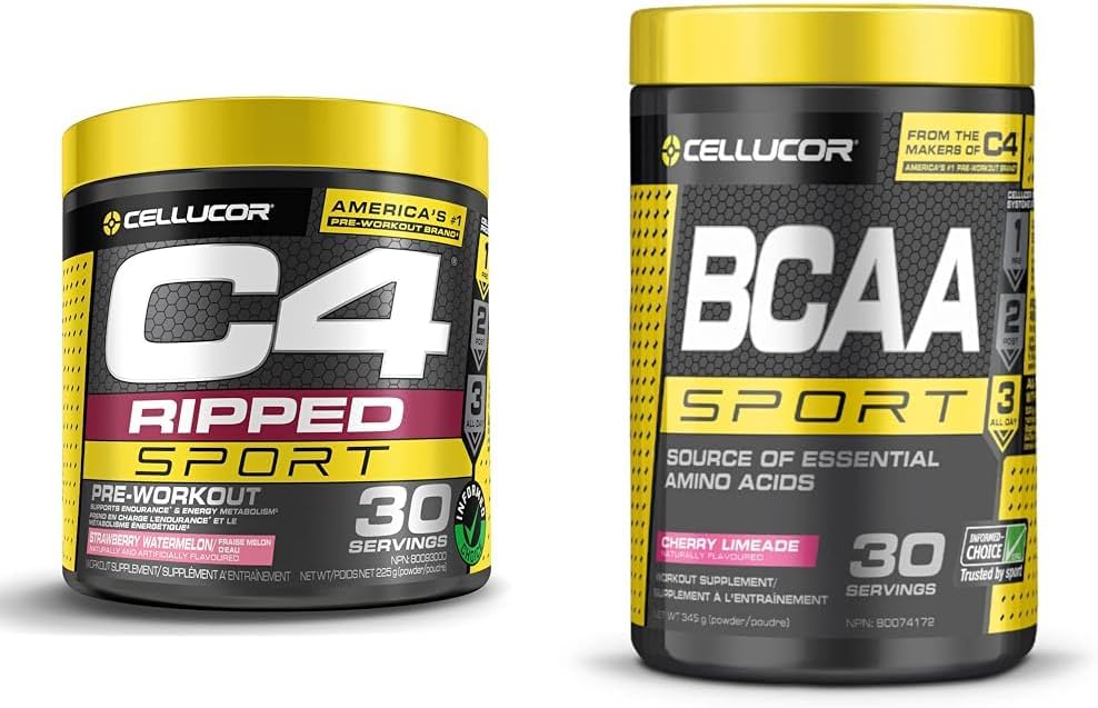 C4 Ripped Sport 运动前粉草莓西瓜和 BCAA 运动恢复粉 - 运动后和运动中能量补充剂 - 樱桃青柠味，30 份