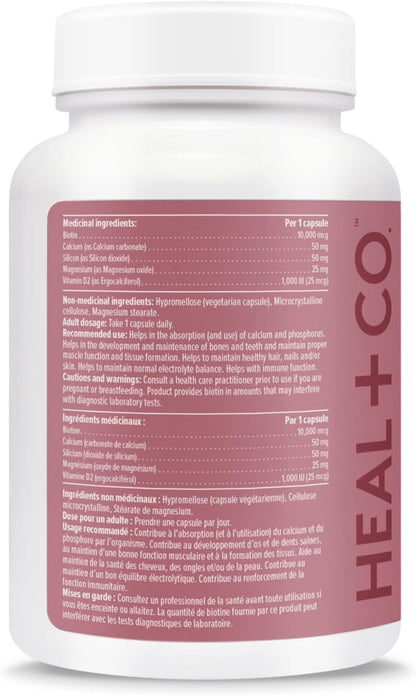 HEAL + CO. 生物素复合物 | 生物素、钙、硅、镁、维生素 D2 | 10,000 微克生物素补充剂 | 支持皮肤、头发和指甲健康 | 120 粒胶囊