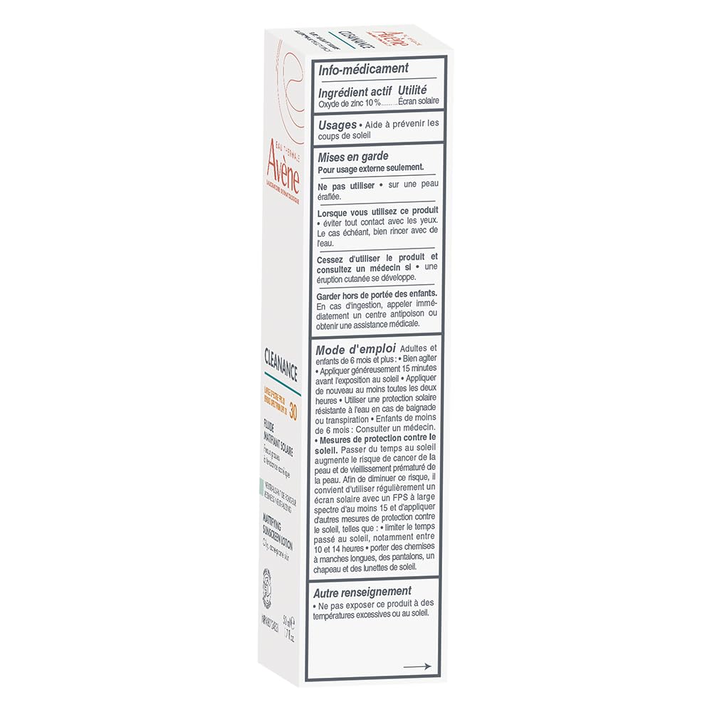 Eau Thermale Avene Cleanance Mattifying Sunscreen Lotion SPF 30, Daily Face Moisturizer Sun Protection, 40 ml