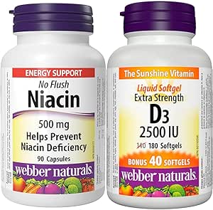 Webber Naturals Niacin 500 mg, 90 Capsules, No Flush, Vitamin B3 Supplement & Vitamin D3 2500 IU Extra Strength, 180 Softgels, For Healthy Bones, Teeth