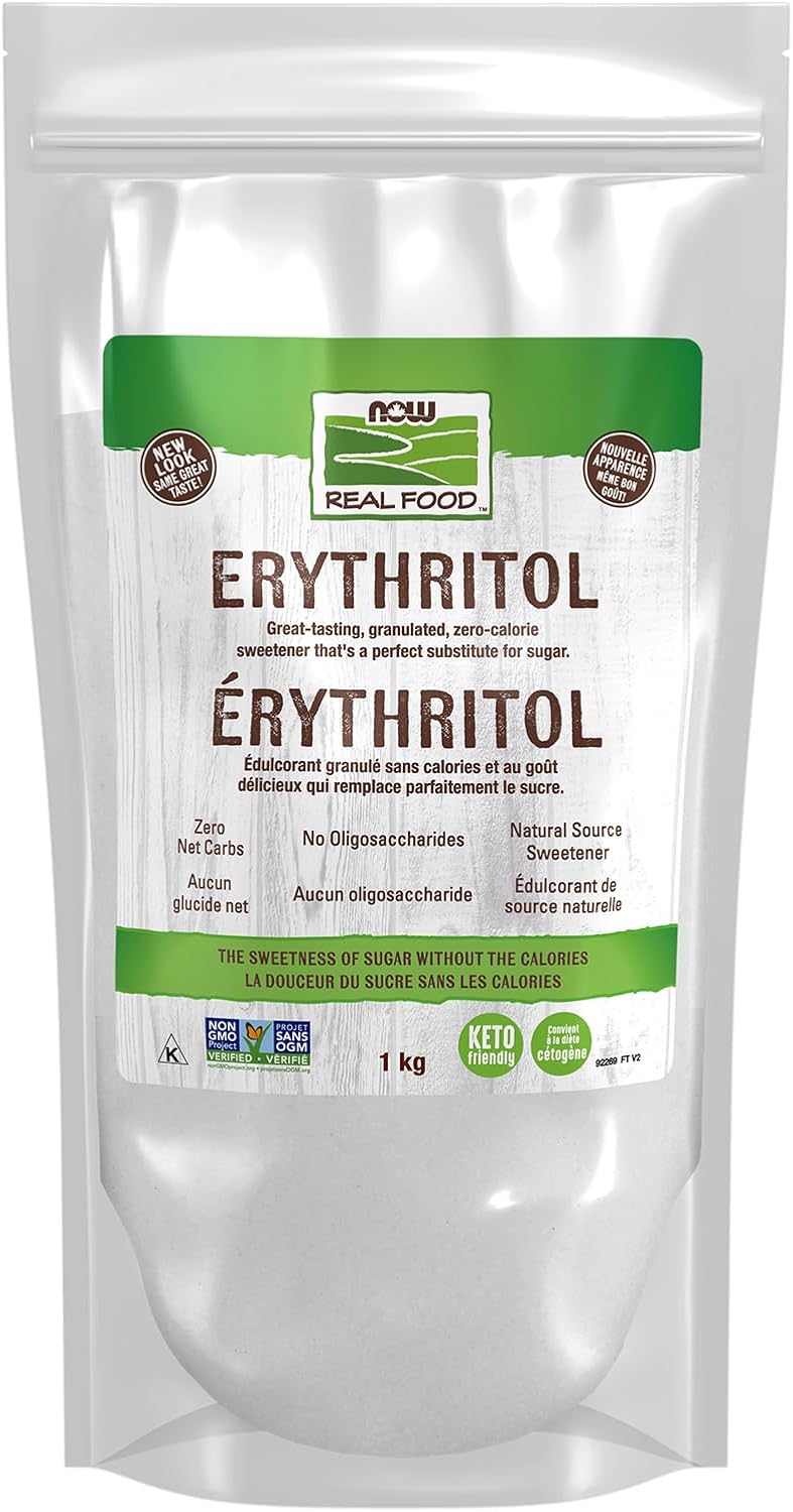 NOW Real Food, Erythritol, Pleasant Sweetner for Reduced-Calorie and Sugar-Free Recipes, Zero-Calorie, Low Glycemic Impact, 1kg