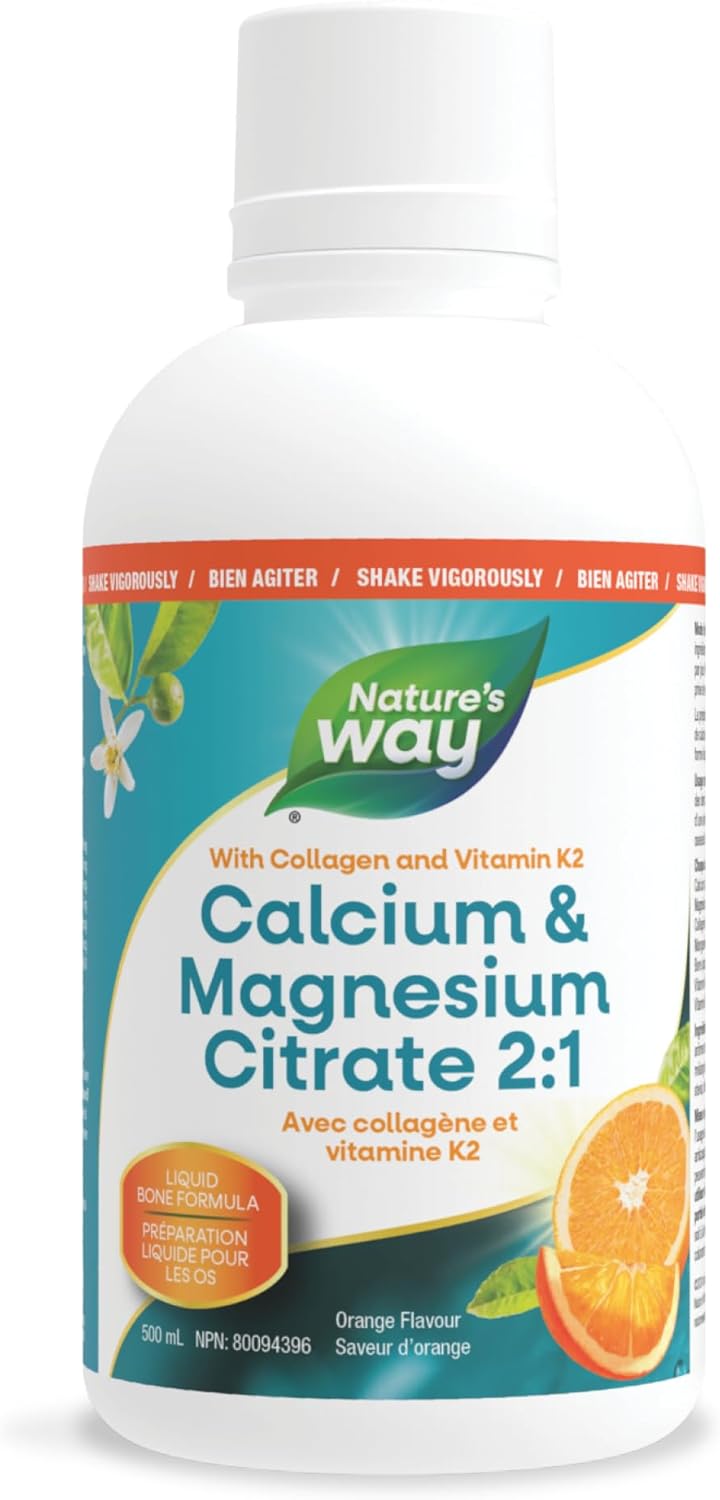 Nature's Way 檸檬酸鈣鎂 2:1 液體補充劑，含維生素 D3、維生素 K2 和膠原蛋白，有助於維持骨骼和牙齒健康，橙子味，500 毫升
