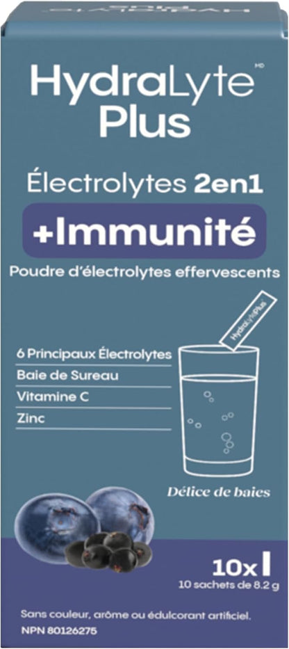 Hydralyte Plus Immune System Boost, Daily Electrolyte Powder Drink, Berry Blast, 10 Sticks