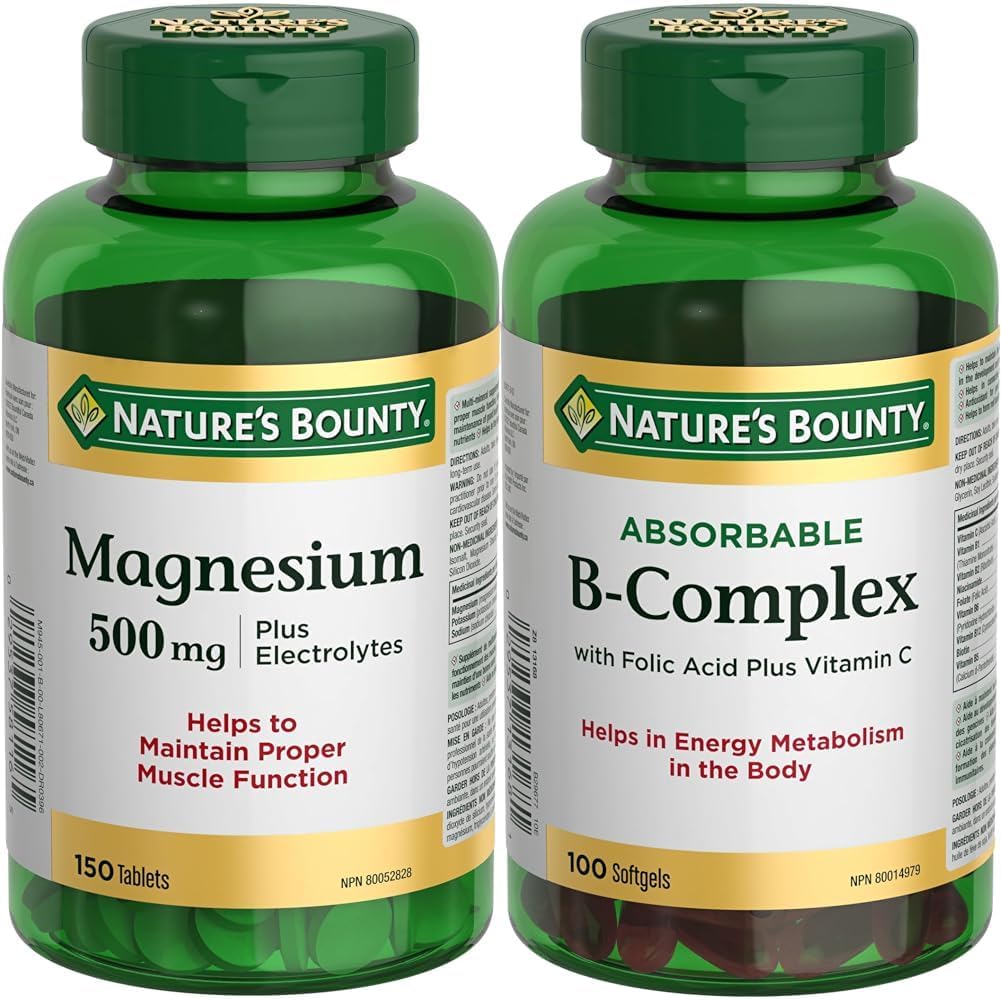 Nature's Bounty 镁 500 毫克加电解质，150 片装（包装可能有所不同）和 B 族复合物，含叶酸和维生素 C，有助于代谢碳水化合物，100 粒软胶囊