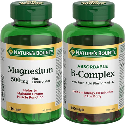 Nature's Bounty 镁 500 毫克加电解质，150 片装（包装可能有所不同）和 B 族复合物，含叶酸和维生素 C，有助于代谢碳水化合物，100 粒软胶囊