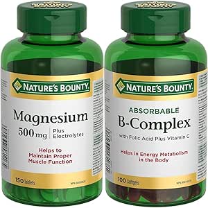 Nature's Bounty Magnesium 500 mg Plus Electrolytes, 150 Tablets (Package May Vary) & B Complex w/Folic Acid plus Vitamin C, Helps Metabolize Carbohydrates, 100 Softgels