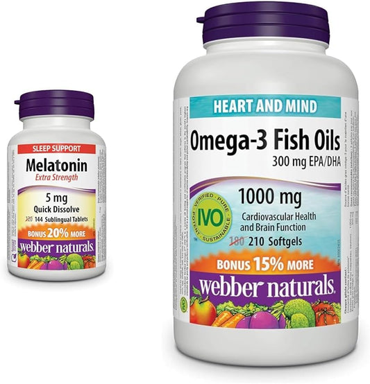 Webber Naturals Melatonin 5 mg Extra Strength (144 Quick Dissolve Tablets) + Omega-3 Fish Oil 1,000 mg (210 Softgels)