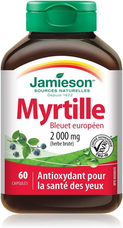 Jamieson Bilberry 2,000 mg, European Blueberry, Antioxidant for the Maintenance of Good Health, and Supports Eye Health. Non-GMO, Gluten-Free, 60 Vegetarian Capsules, Proudly Canadian